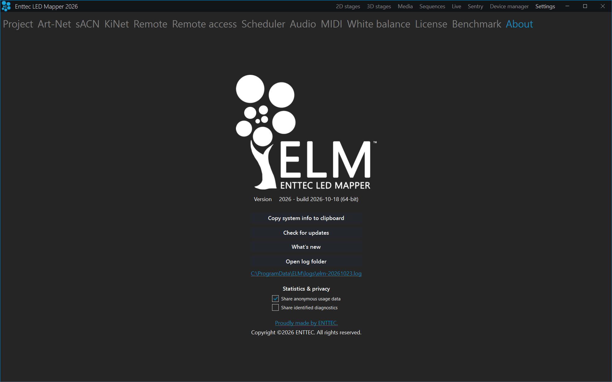 ELM GA About screen with no Preview label and the title Enttec LED Mapper 2026