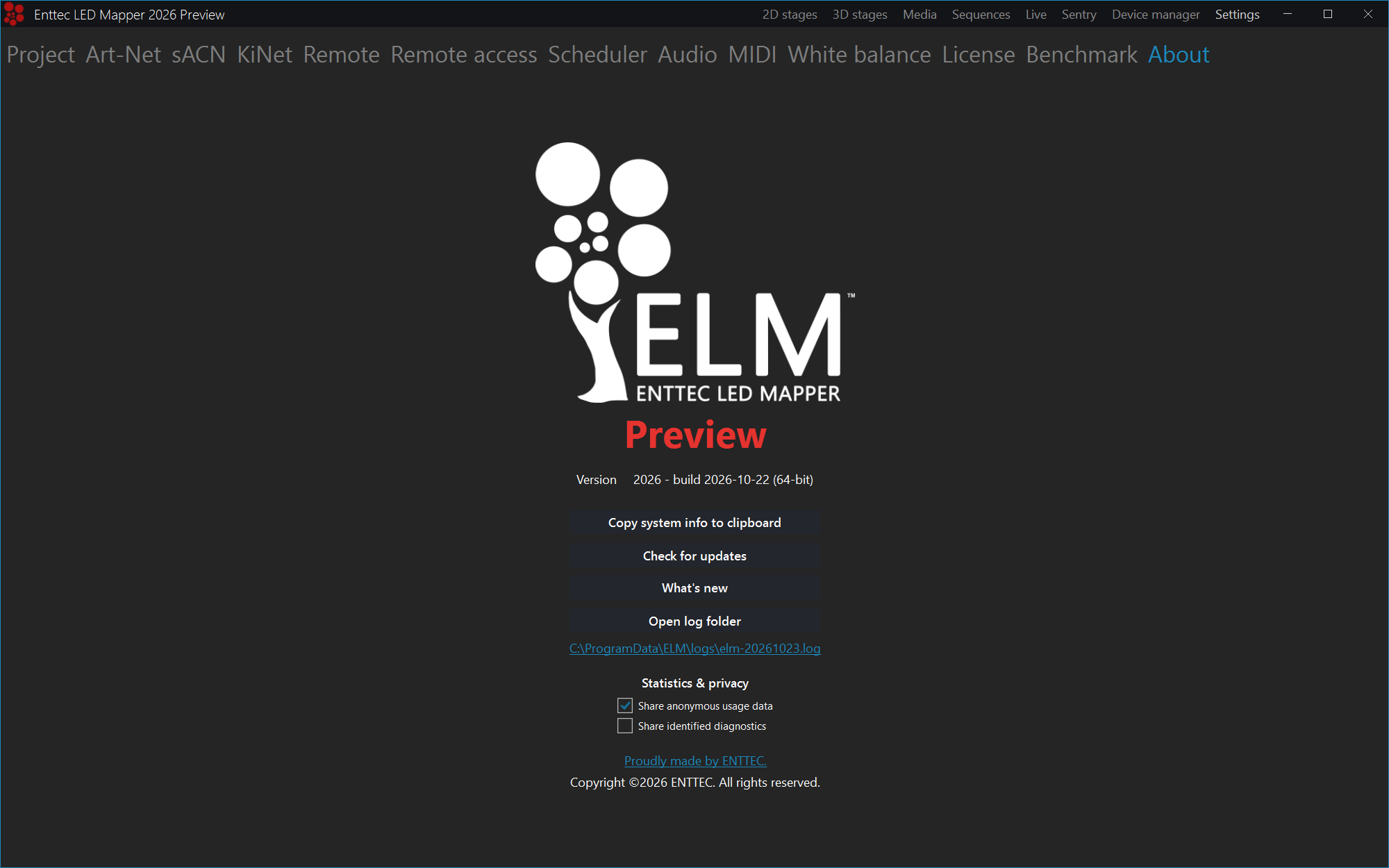 ELM Preview About screen showing a large red Preview label under the ELM logo and the title Enttec LED Mapper 2026 Preview