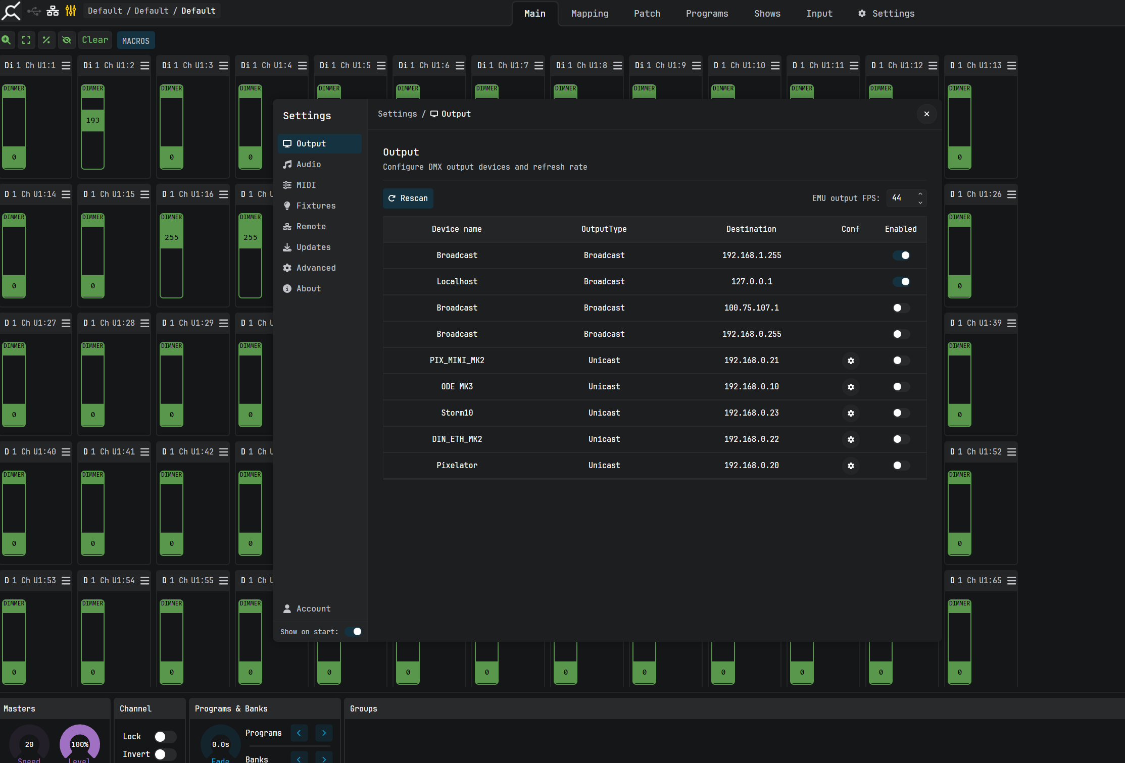 EMU Settings > Output screen listing discovered ENTTEC devices including ODE MK3, Storm10, Pixelator, PIX_MINI_MK2 and DIN_ETH_MK2 with their IP addresses